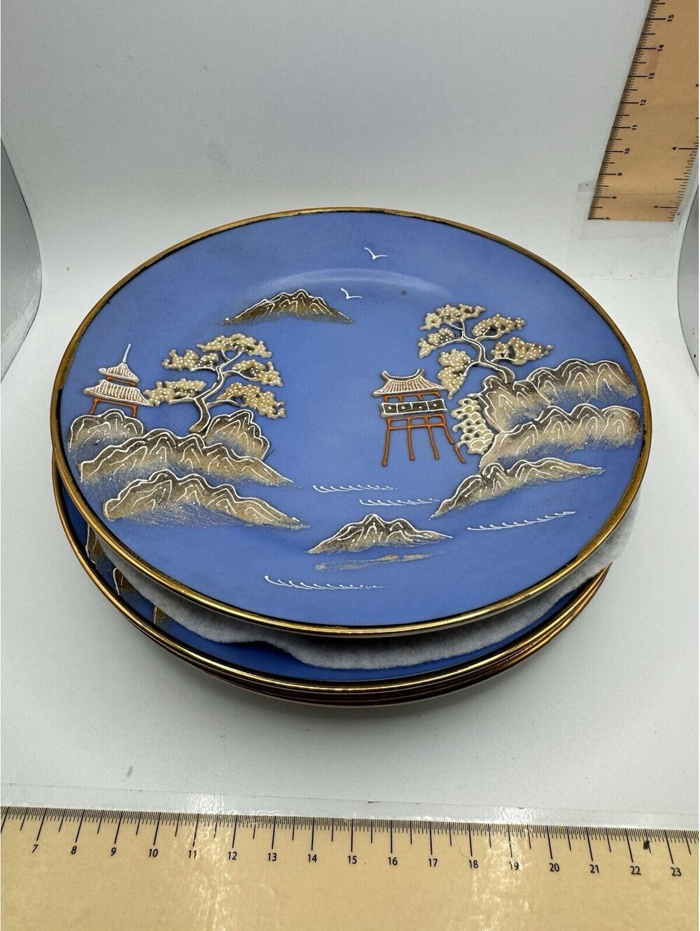 3 Vintage Hand Painted Japan Moriage Porcelain Plates Blue Pagoda Set of 5 7.25"